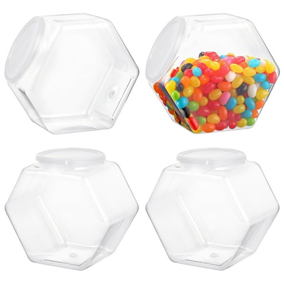 4 PCS Hexagon Plastic Jars Clear Cookie Jars with Airtight Lids, Candy Jars, Wide Round Mouth Snacks Dog Food Candy Containers, Reusable Coffee Candy Display