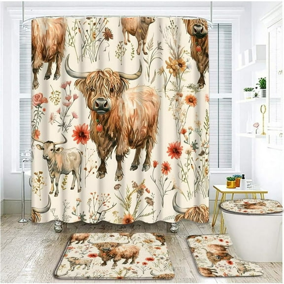4 PCS Highland Cow Floral Shower Curtain Set with Rugs, Toilet Lid Cover ,Funny Farmhouse Longhorn Bull Country Wildflowers Daisy Plant Cute Cartoon Animal Flowers Bathroom Shower Curtain with Hooks