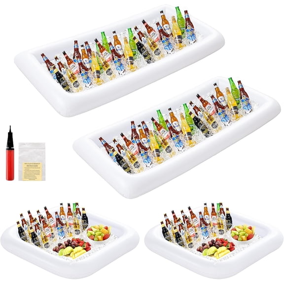 4 PCS Inflatable Serving Bar, 2 Size Inflatable Buffet Cooler for Party,BBQ,Luau, Salad Ice Tray Food Drink Containers with Drain Plug and 1 Hand Air Pump