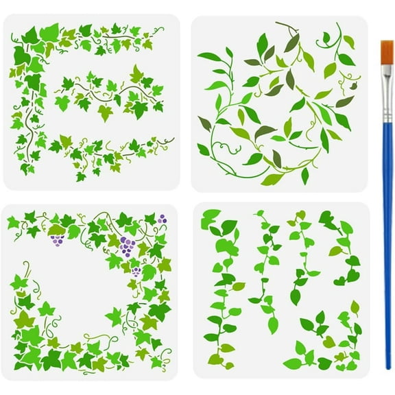 4 PCS Ivy Vines Stencils 11.8x11.8 inch with Bamboo Brush Reusable Ivy Leaves Templates Large Vines Leaf Pattern Border Stencils Plant Theme Templates for Home Wall Furniture Decoration