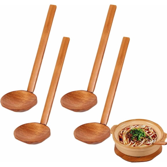 4 PCS Japanese Soup Spoon Wooden Ramen Spoons with Long Handle, Tortoise Pot for Porridge Restaurant, Household, Eating Mixing Stirring Cooking - 22 Solid