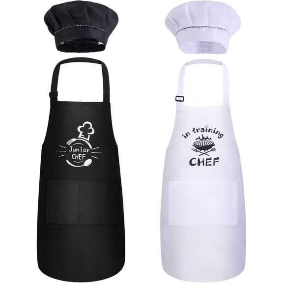 4 PCS Kids Apron and Chef Hat Set, Adjustable Child Waterproof Apron Chef in Training Funny Apron for Girls Boys