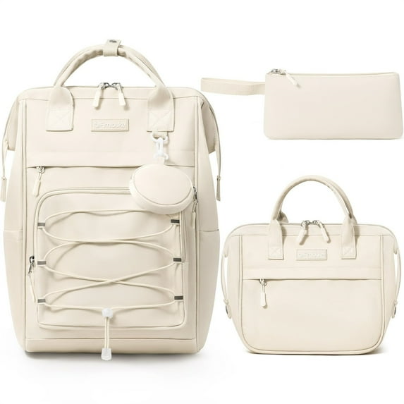 4 PCS Kids Backpacks with Lunch Box Pencil Case & Earphone Bag, Lightweight School BookBag Set for Teen Girl Travel Student, Beige