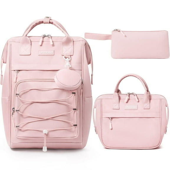 4 PCS Kids Backpacks with Lunch Box Pencil Case & Earphone Bag, Lightweight School BookBag Set for Teen Girl Travel Student, Pink