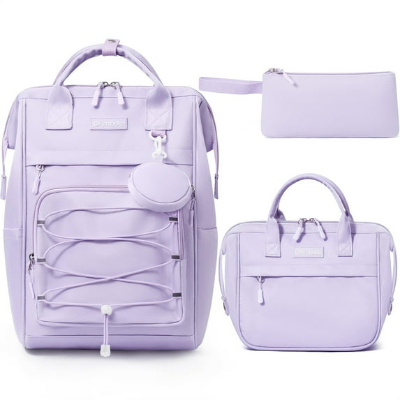 4 PCS Kids Backpacks with Lunch Box Pencil Case & Earphone Bag, Lightweight School BookBag Set for Teen Girl Travel Student, Purple