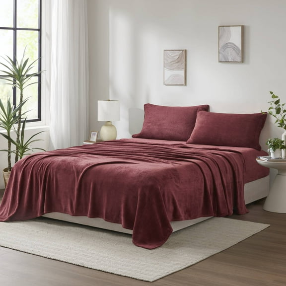 4 PCS King Micro Plush Sheet Set Burgundy