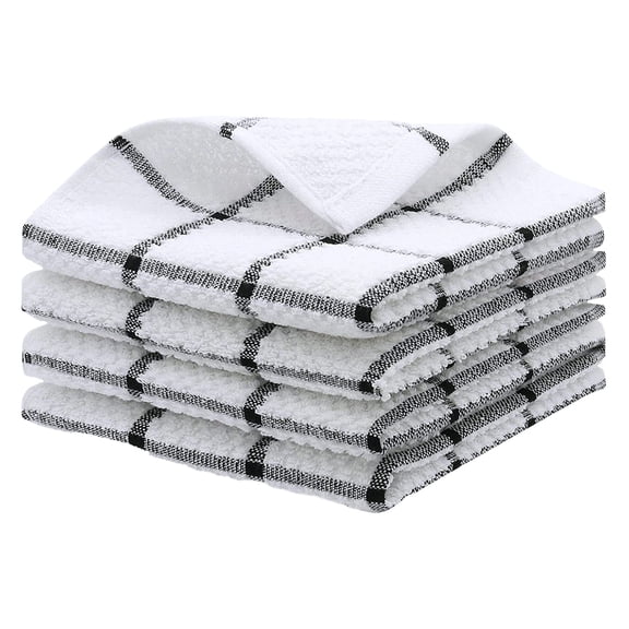 4 PCS Kitchen Dish Rags,Cotton Plaid Dish Cloths,Dish Towels for Kitchen,Soft Absorbent & Heavy-Duty Dish Towels,12.01x12.01 inch Kitchen Dish Cloths for Drying Dishes,Cleaning (Black)