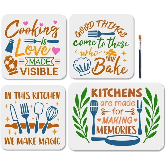 4 PCS Kitchen Utensils Stencils Love Forks Reusable Painting Stencils Egg Beater Drawing Stencil Templates with Paint Brush