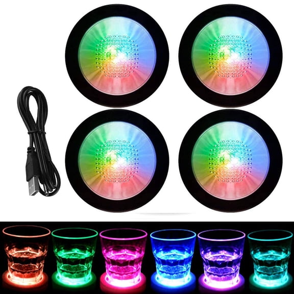 4 PCS LED Coaster for Drinks, USB Rechargeable Light Up Coasters for Cocktail Beer Beverage, Wine Bottle Cup Luminous Mat for Home, Party, Wedding, Bar, Club