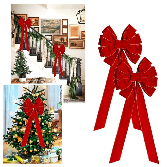 2 PCS Large Christmas Bow - 26" Christmas Valentine's Day Golden Edged Red Velvet Wreath Bow Thanksgiving Christmas Tree Topper Garland Ornament Bow for Christmas Home Wreath Tree Decoration