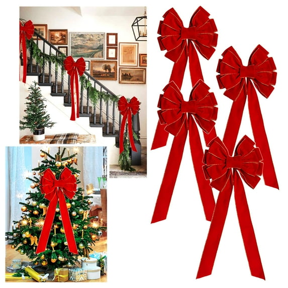 4 PCS Large Christmas Bow - 26" Christmas Valentine's Day Golden Edged Red Velvet Wreath Bow Thanksgiving Christmas Tree Topper Garland Ornament Bow for Christmas Home Wreath Tree Decoration