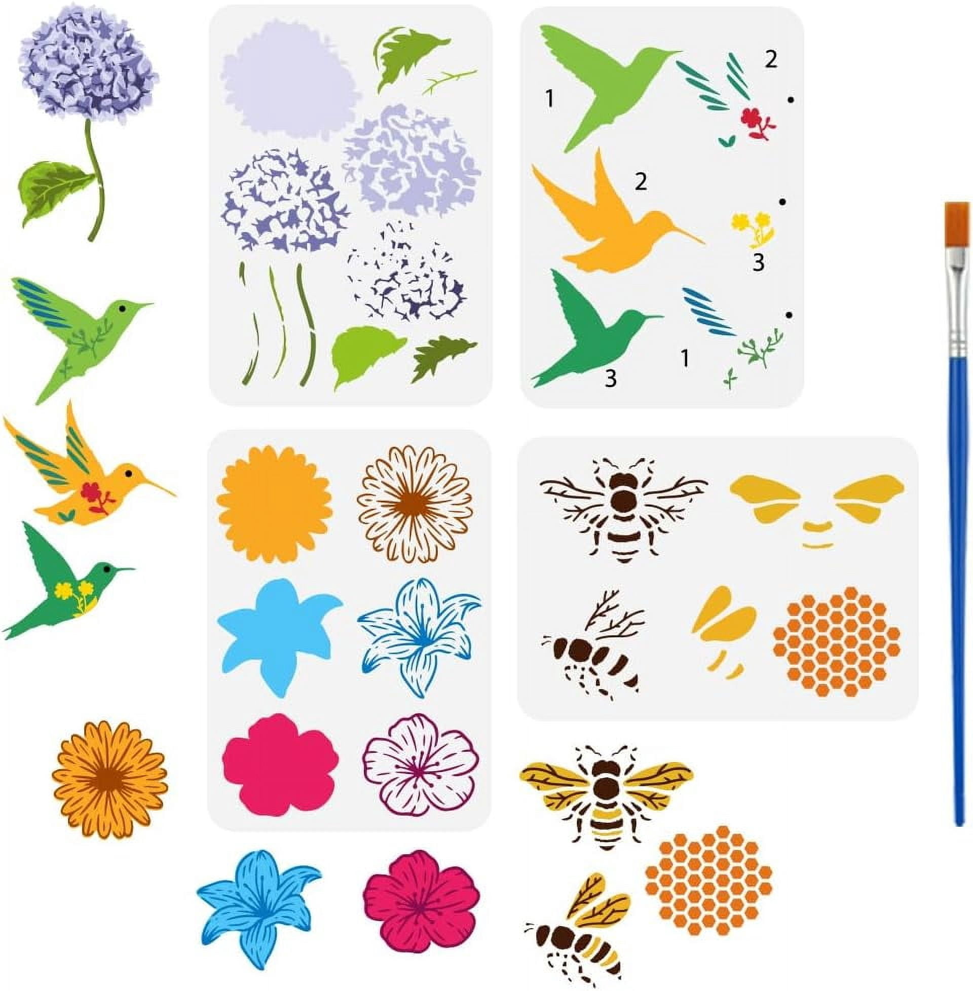 4 PCS Layered Flower Bee Bird Painting Stencils 8.3x11.7inch with ...