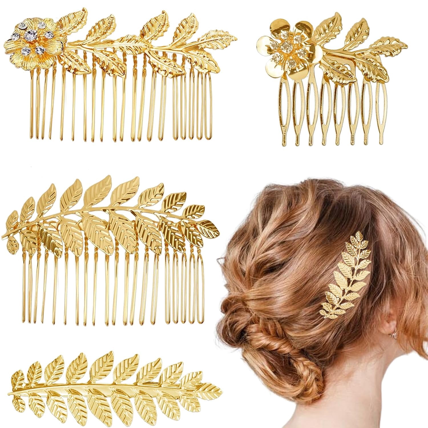 4 PCS Leaf Hair Side Combs, Gold Leaf Hair Comb Clips with  display picture 2