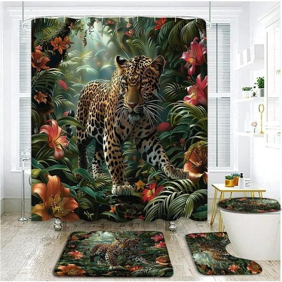 4 PCS Leopard Shower Curtain Set with Rugs, Toilet Lid Cover ,Tropical Jungle Green Plam Leaves Floral Forest Wildlfe Animal Leopard Rainforest Nature Landscape Bathroom Shower Curtain with Hooks