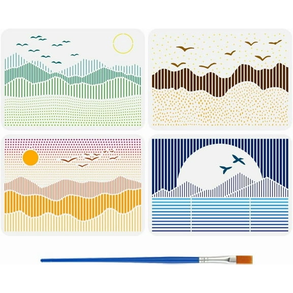 4 PCS Line Scenery Painting Stencil with Brush 8.3x11.7inch Sun Mountains Template Flying Birds Stencil Reusable Sunrise Sunset Template Nature Theme Stencil for DIY handcrafting