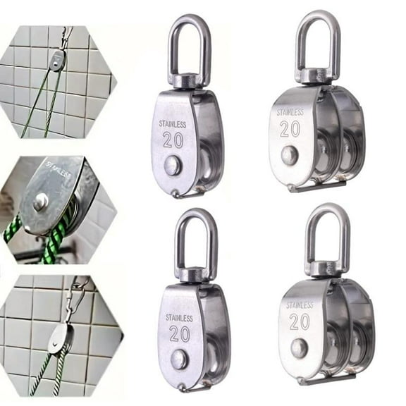 4 PCS M20 Silver Single and Double Pulleys, 304 Stainless Steel Wire Rope Pulleys, 2 Pieces Single Pulleys and 2 Pieces Double Pulleys, Suitable for Clotheslines, Boats