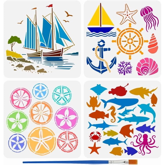 4 PCS Marine Life Stencils for Painting with Brush 11.8x11.8inch Reusable Fish Silhouette Template Hollowed Boat Starfish Anchor Stencil Plastic PET Ocean Theme Template for Wall Decor