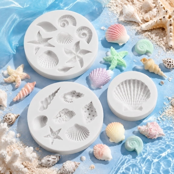 4 PCS Marine Theme Cake Fondant Silicone Mold Seashell Conch Starfish Sea Turtle Baking Molds for Chocolate Cake Decoration Candy Polymer Clay DIY Crafting Projects