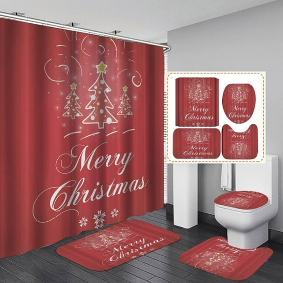 4 PCS Merry Christmas Shower Curtain Set, Waterproof Christmas Bathroom Decor Set with Non-Slip Rugs, Toilet Lid Cover, Bath Mat ( 71*71 inch)