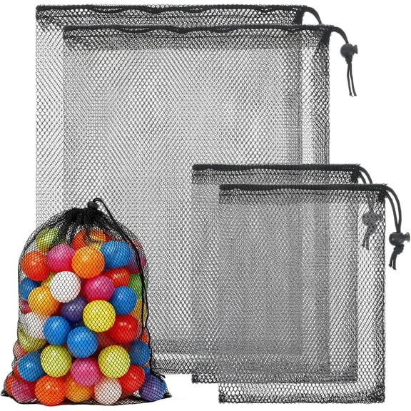 4 PCS Mesh Drawstring Bag, Black Nylon Mesh Ball Bag, Multipurpose Storage Bags for Collecting Half Balls, Tennis, Toys, Beach, Sports Gym, Travel