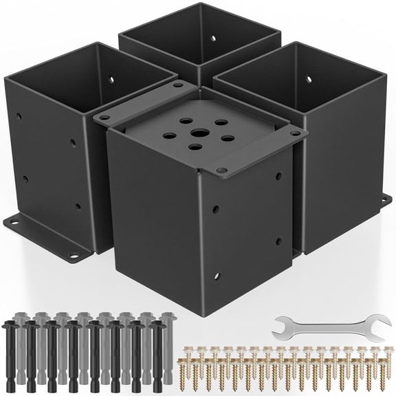 4 PCS Metal 6×6 Post Base, Inner Size 5.6"x5.6" Heavy Duty Post Bracket with Anti-Corrosive Partition, Powder-Coated Post Anchor for Pavilion Deck Railing Support Deck Base Plate