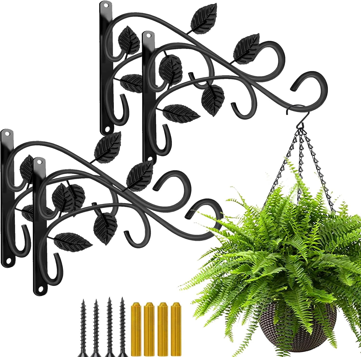 4 PCS Metal Hanging Hook Plants Brackets, 12 Inch Iron Wall Mount Bracket Durable Rust-Resistant Plant Hanger Hook for Hanging Plants Bird Feeder Lantern Wind Chimes