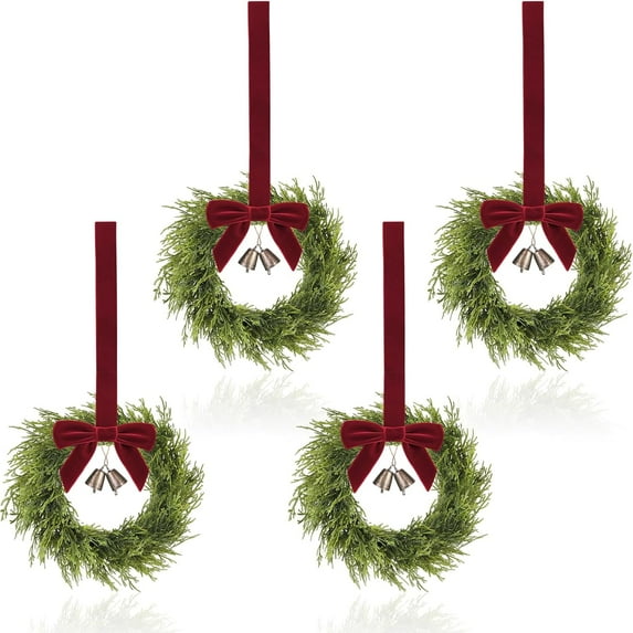 4 PCS Mini Christmas Wreath, 10 Inch Small Wreaths for Kitchen Cabinets, with Deep Red Bow Vintage Bells Pine and Cypress Leaves for Fireplace Window Farmhouse Indoor Home Decorations