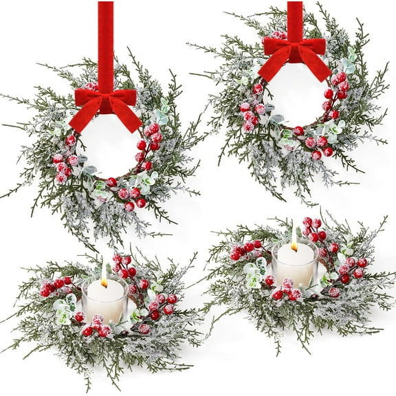 4 PCS Mini Christmas Wreaths for Kitchen Cabinets, Frosted Cedar Christmas Candle Rings Wreath for Pillars Kitchen Cabinet Windows Centerpieces Table Decoration