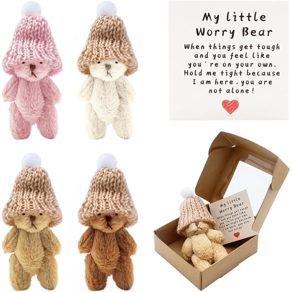 4 PCS Mini Worry Bear with A Hat, Positive Mini Bears, Little Worry Bears in A Box with Encouragement Little Card, Soft Handmade Pocket Bear for Lovers, Family, Friend