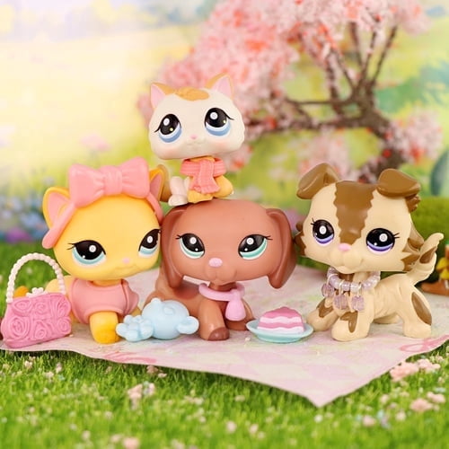 4 PCS Minilpsshop Little Cat Dog Figures Toys Set,Collie Dachshund Kitten Shorthair Cat for lps Collection