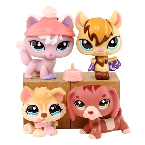 4 PCS Minilpsshop Little Figures Toys Mini Pets Dachshund Bat Fox Husky Puppy with Accessories,Collectable lps Pets