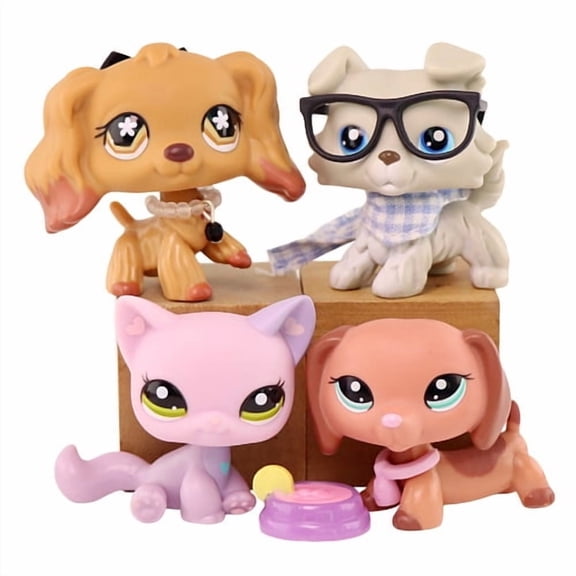 4 PCS Minilpsshop Little Figures Toys Mini Pets Dachshund Sitting Cat Collie Cocker Spaniel with Accessories,Collectable lps Cat Dog