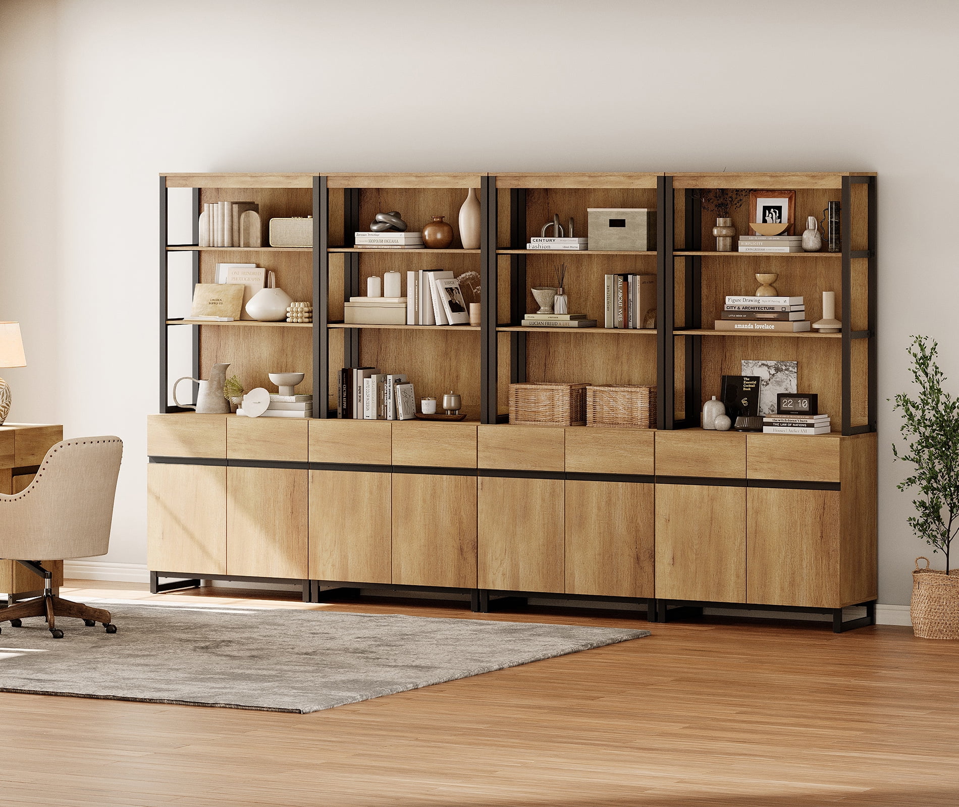 4 PCS Modern 72 Inch Tall Bookcase Units with Reinforced Metal Base, Large Library Bookshelf Set with Adjustable Shelves and Closed Storage Cabinet for Living Room Office