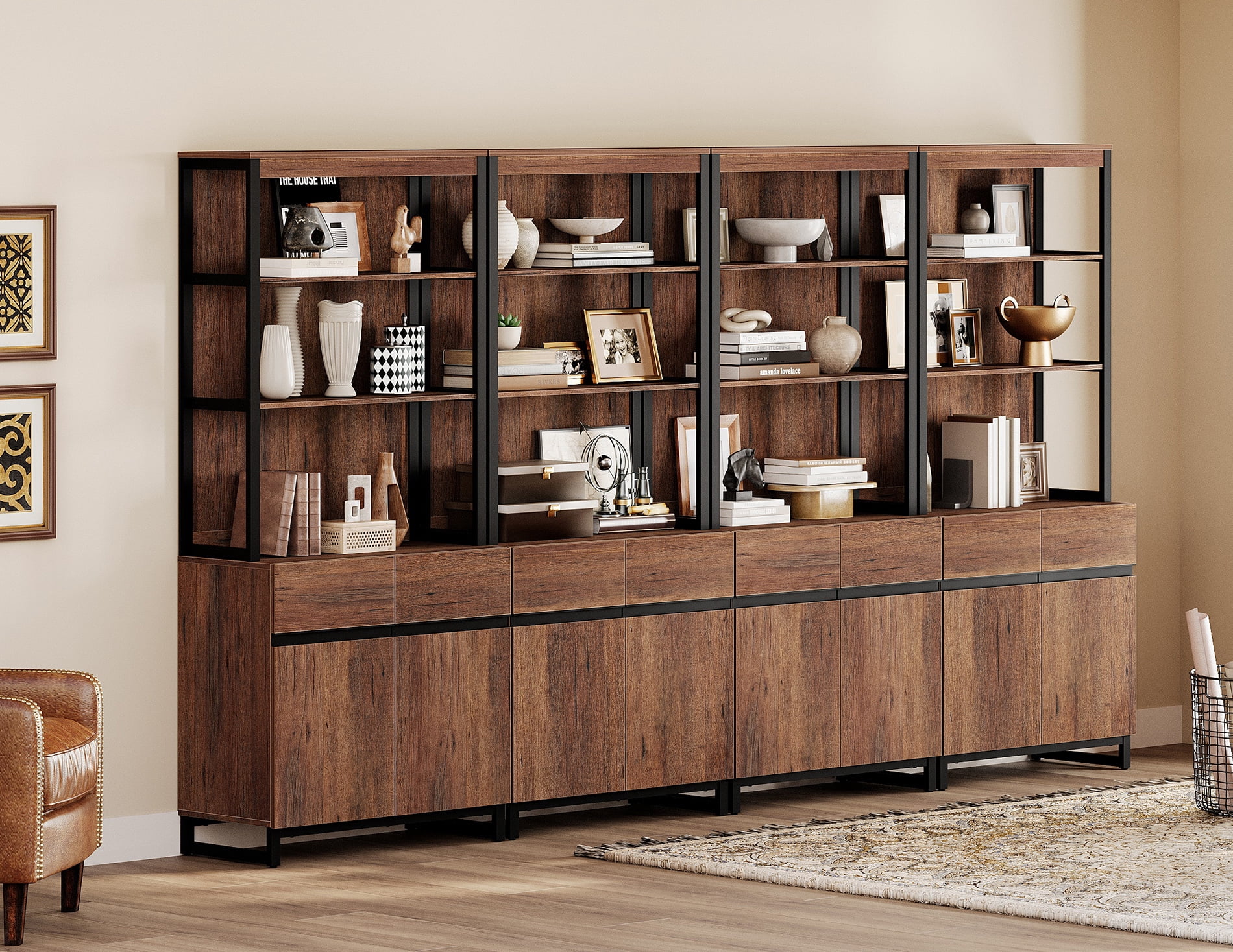 4 PCS Modern 72 Inch Tall Bookcase Units with Reinforced Metal Base, Large Library Bookshelf Set with Adjustable Shelves and Closed Storage Cabinet for Living Room Office