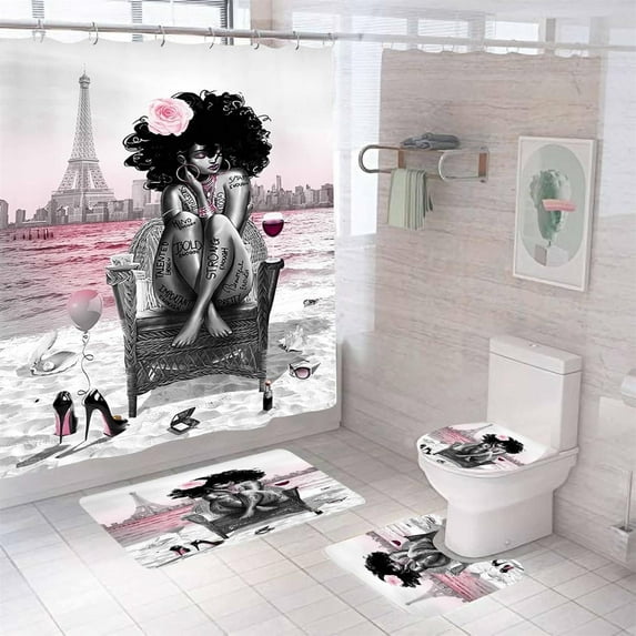 4 PCS Modern Black Girl Shower Curtain Sets with Rugs,African American with Bubble Bathtub Bathroom Sets with Shower Curtains and Hooks,Get Naked Fabric Black Girl Bath Curtains for Bathroom