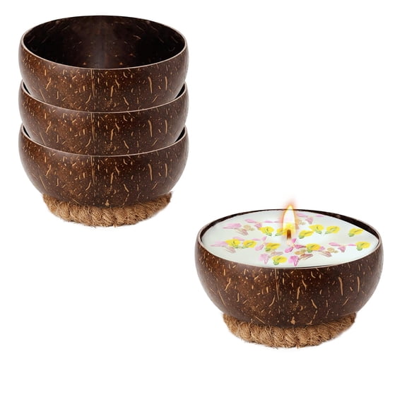 4 PCS Natural Coconut Shell Dough Bowls with Silk Base for Candle DIY Home Crafts Farmhouse Table Centerpiece 3.5-4.3 Inch