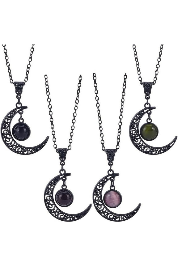 4 PCS Necklace for Women Boho Tribal Crescent Faceted Long Necklace Black Chain Gothic Punk Style Fairy Necklace for Chirstmas Costume Gift for DIY