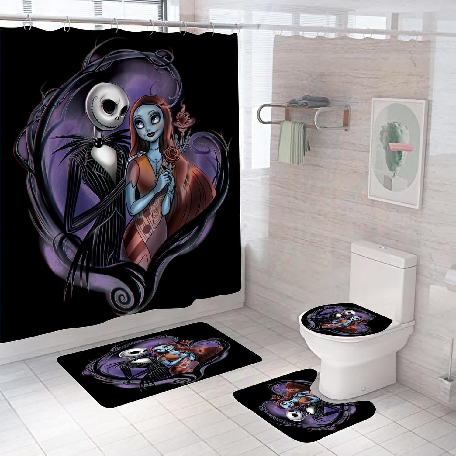4 PCS Nightmare Before Christmas Bathroom Sets with Shower Curtain and Rugs, Halloween Jack Skellington and Sally Bathroom Shower Curtain Sets with 12 Hooks (Color-1)