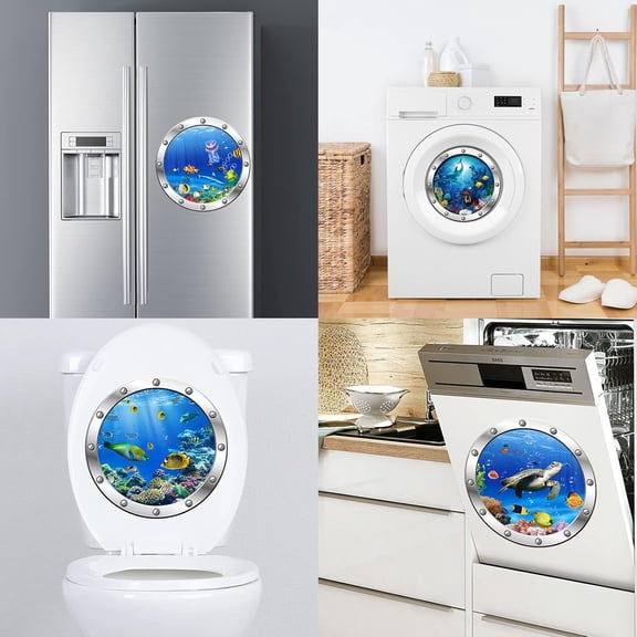4 PCS Ocean World Wall Window Stickers,12 Inches Porthole 3D Sea Turtle, Shark, Dolphin Window Sticker Sea Life Wall Window Dcor