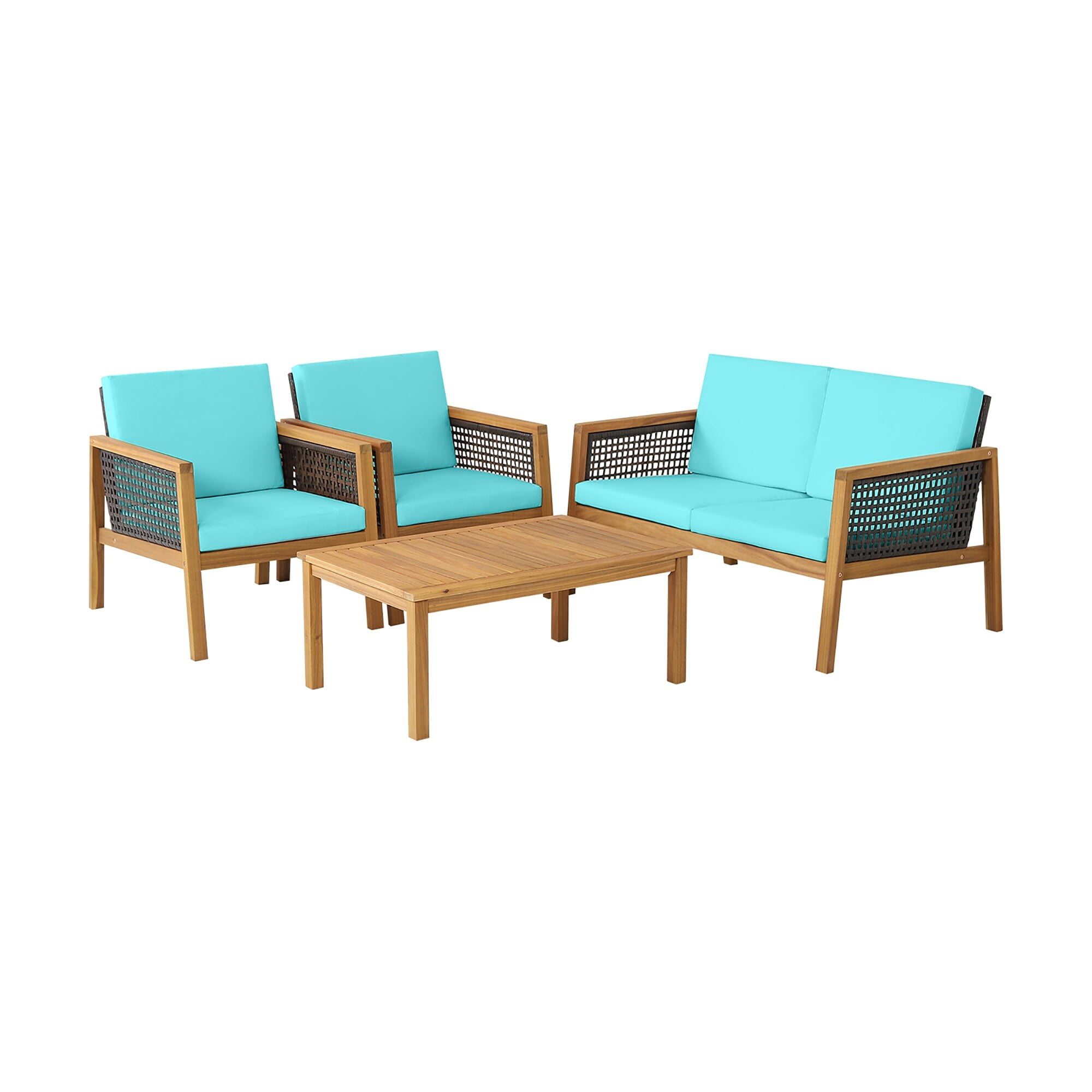 Turquoise 4-Piece Acacia Wood and PE Rattan Patio Set
