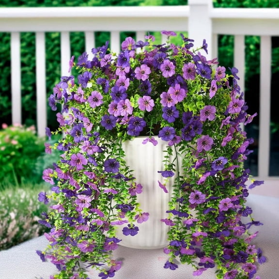 4 PCS Outdoor Artificial Hanging Flowers, UV & Fade Resistant, for Spring and Summer Porch Balcony Patio Garden Home Decor, Purple