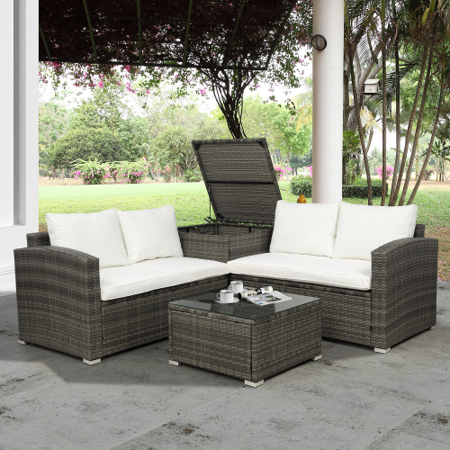 4 PCS Outdoor Cushioned PE Rattan Wicker Sectional Sofa Set Garden Patio Furniture Set (Beige Cushion) - image 1 of 10