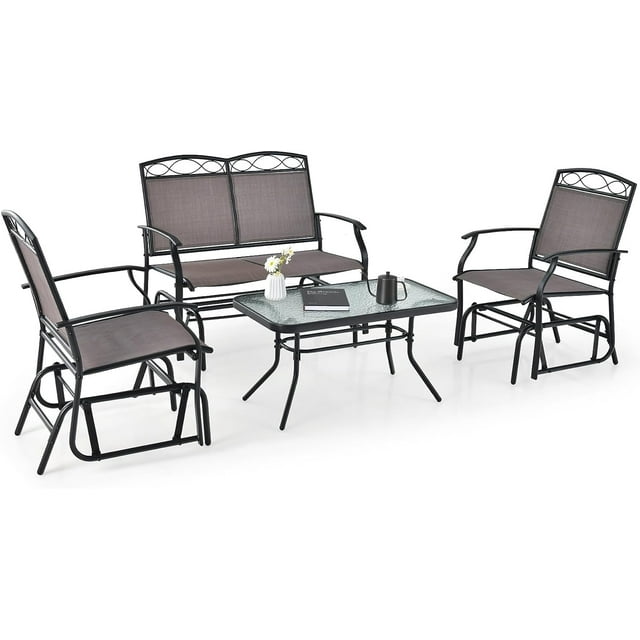 4 PCS Outdoor Glider Chairs Set S Furniture Set with Tempered Glass