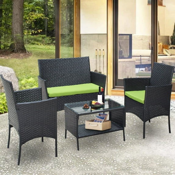 4 PCS Outdoor Patio Bistro Furniture Set, All-Weather Rattan Chair Set, Conversation Furniture Sets Clearance, Cushioned Seat & Glass Table, Bistro Table Set for Porch Garden Poolside Balcony