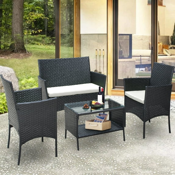 4 PCS Outdoor Patio Bistro Furniture Set, All-Weather Rattan Chair Set, Conversation Furniture Sets Clearance, Cushioned Seat & Glass Table, Bistro Table Set for Porch Garden Poolside Balcony, T198