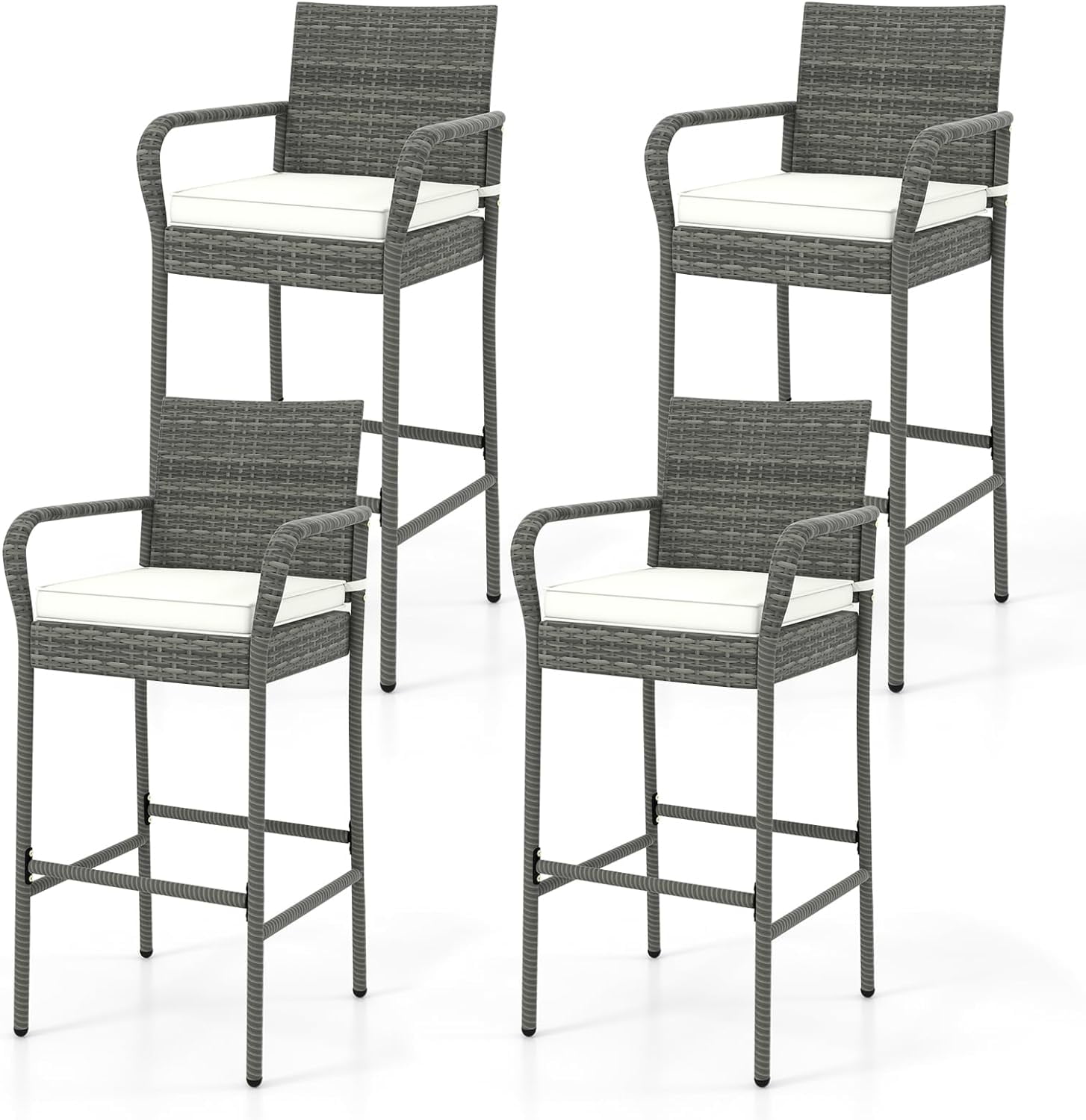 4 PCS Outdoor Wicker Rattan Patio Bar Stools Counter Bar Height Chairs,Cushions,Mix Gray