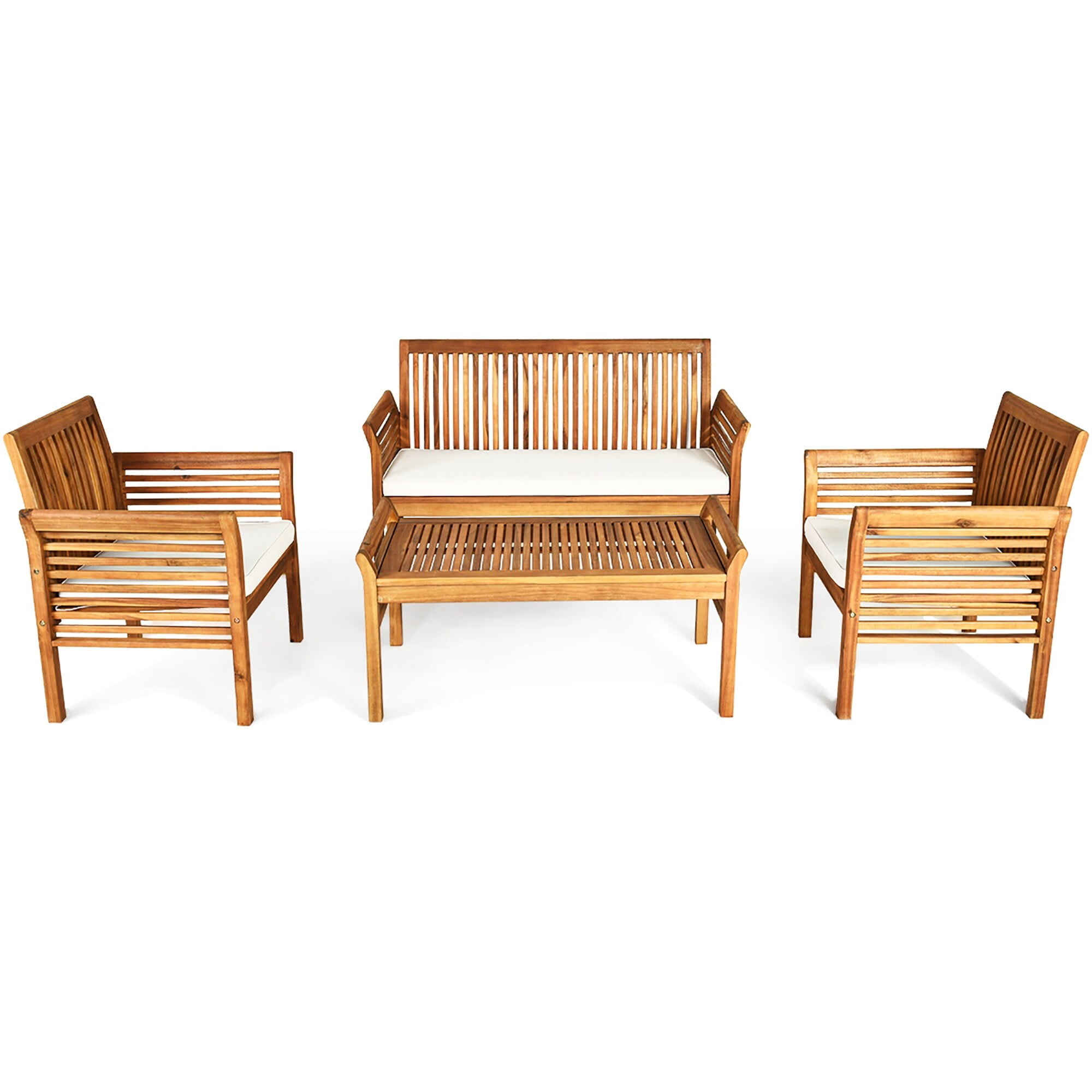 Acacia Wood 4-Piece Outdoor Sofa Set with Beige Cushions