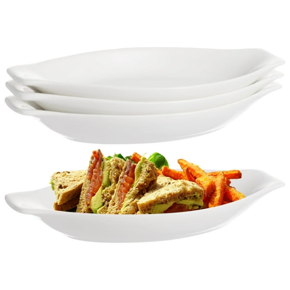4 PCS Oval Au Gratin Baking Dishes, Ceramic Banana Split Dish Boats, 8 x 4 in Oval Serving Dishes, Oven & Microwave Safe, Small Mini Casserole Dish with Dual Handle, Easy to Stack & Clean