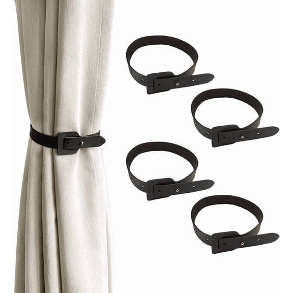 4 PCS PU Leather Curtain Holdbacks, Vintage Adjustable Curtain Tie Backs 18.22"L x 0.78"W for Home Window Decor, Black