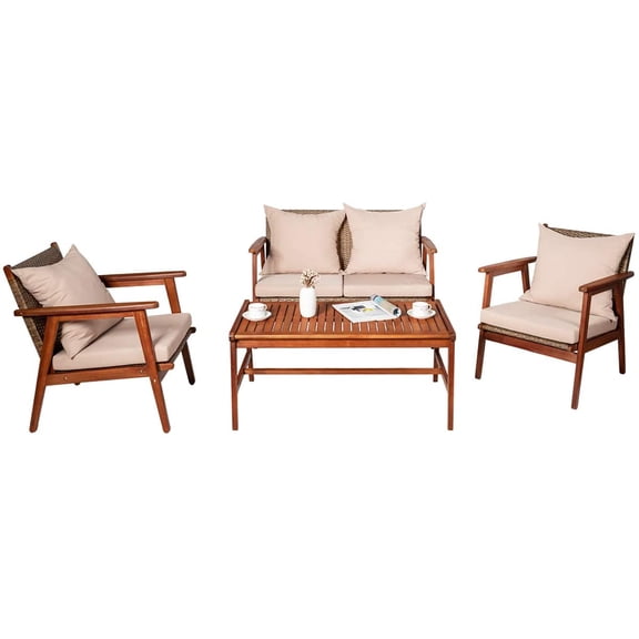4 PCS Patio Wood Sofa Set, Outdoor Acacia Wood Seating Chat Set with Cushions & Coffee Table, Sectional Conversation Sofa Set for Garden, Backyard, Poolside (1, Brown)